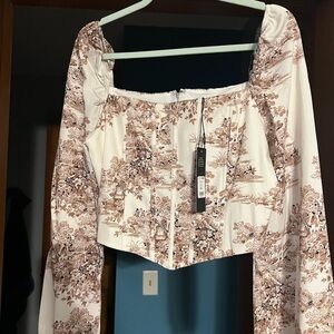 Fashion Nova Cream and Brown Floral Blouse
